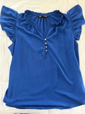 Montgomery Post Royal Blue Ruffle Flutter Sleeve Blouse Gold Buttons Size XL